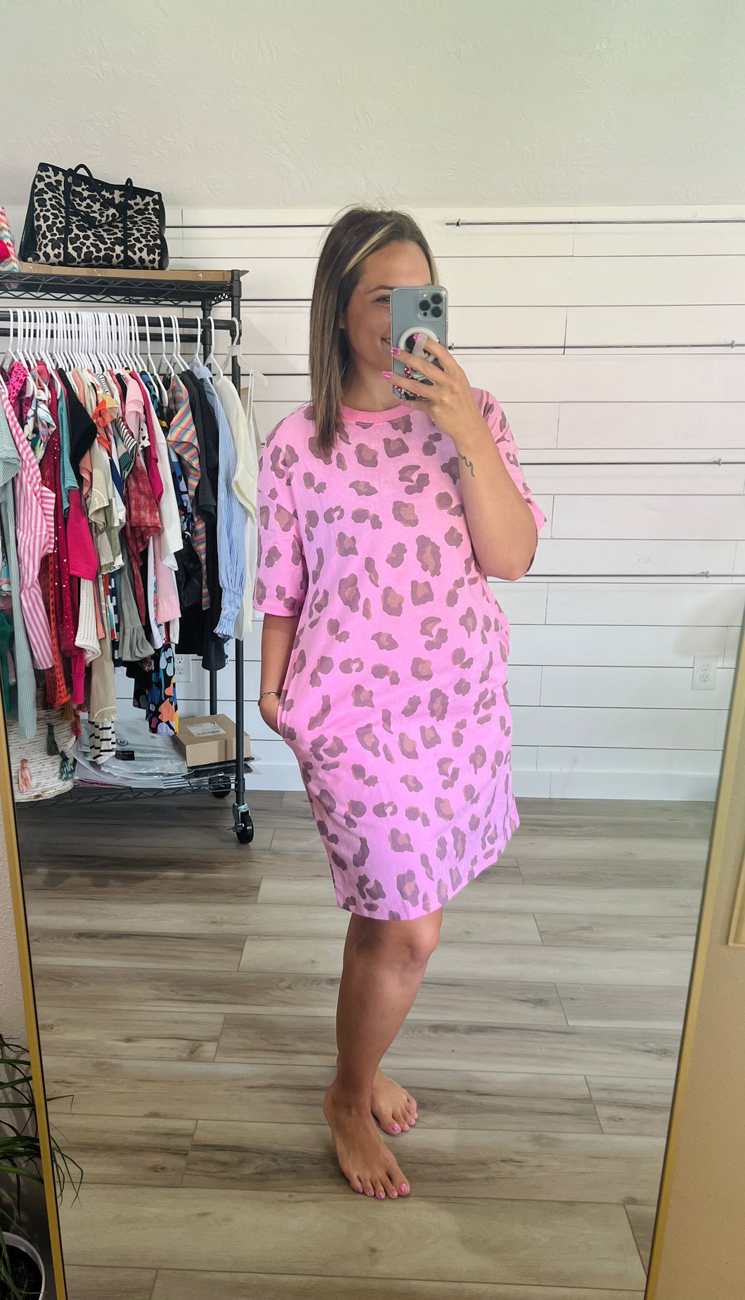 Pink Leopard Pocketed Tshirt Dress