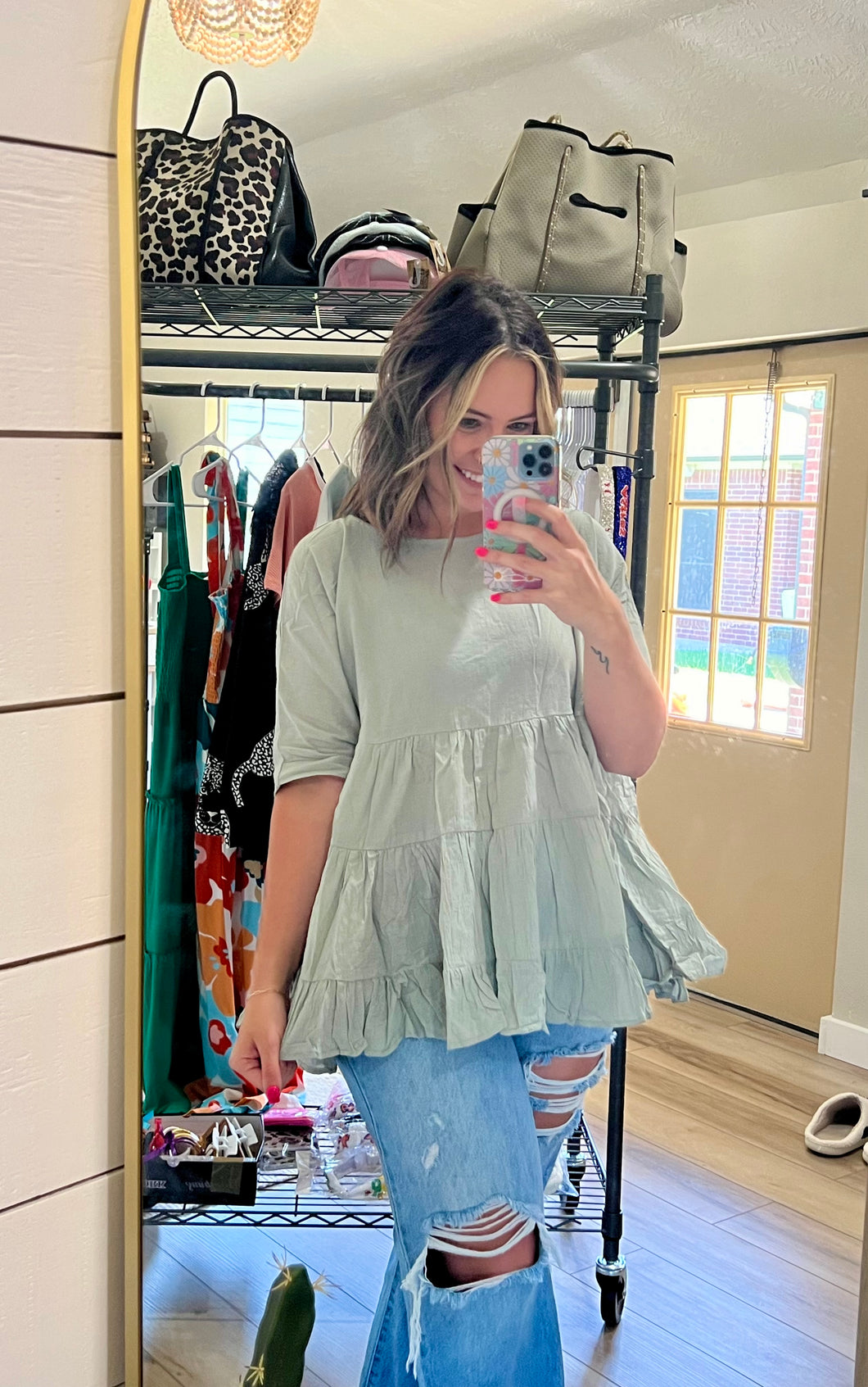 Sage Gauze Ruffle Top