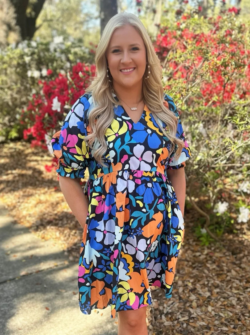 Blue Floral Puff Sleeve Dress