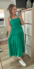 Load image into Gallery viewer, Smocked Tiered Green Midi Dress
