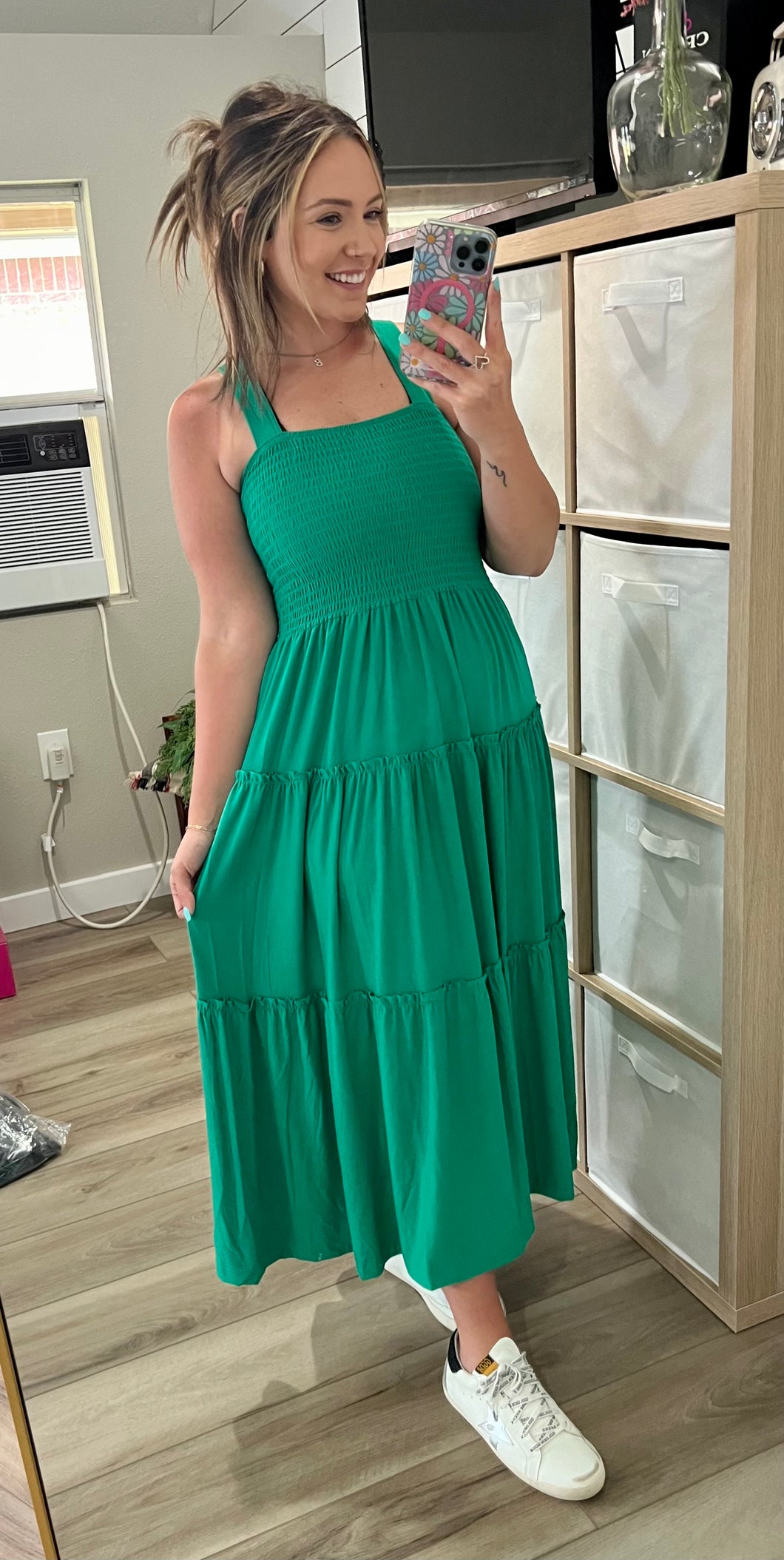 Smocked Tiered Green Midi Dress