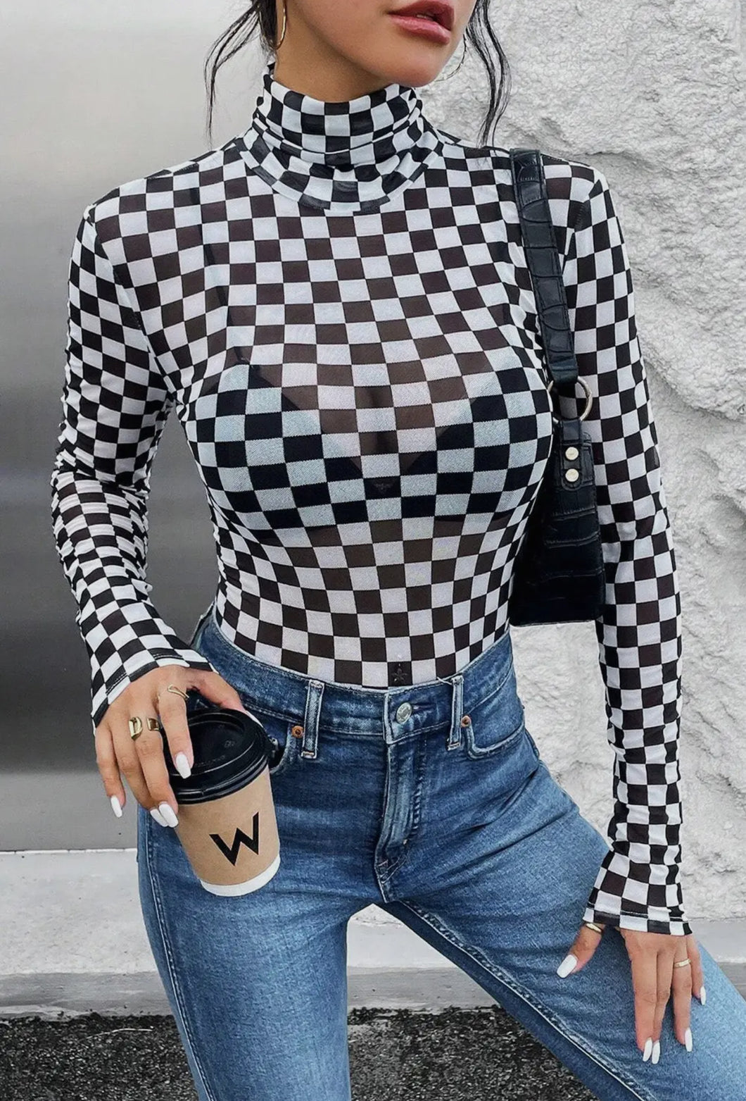 B/W Checkered Long Sleeve Bodysuit